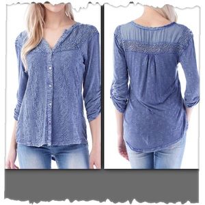 Solitaire Indigo Mixed Fabric Knit Back Shirt
